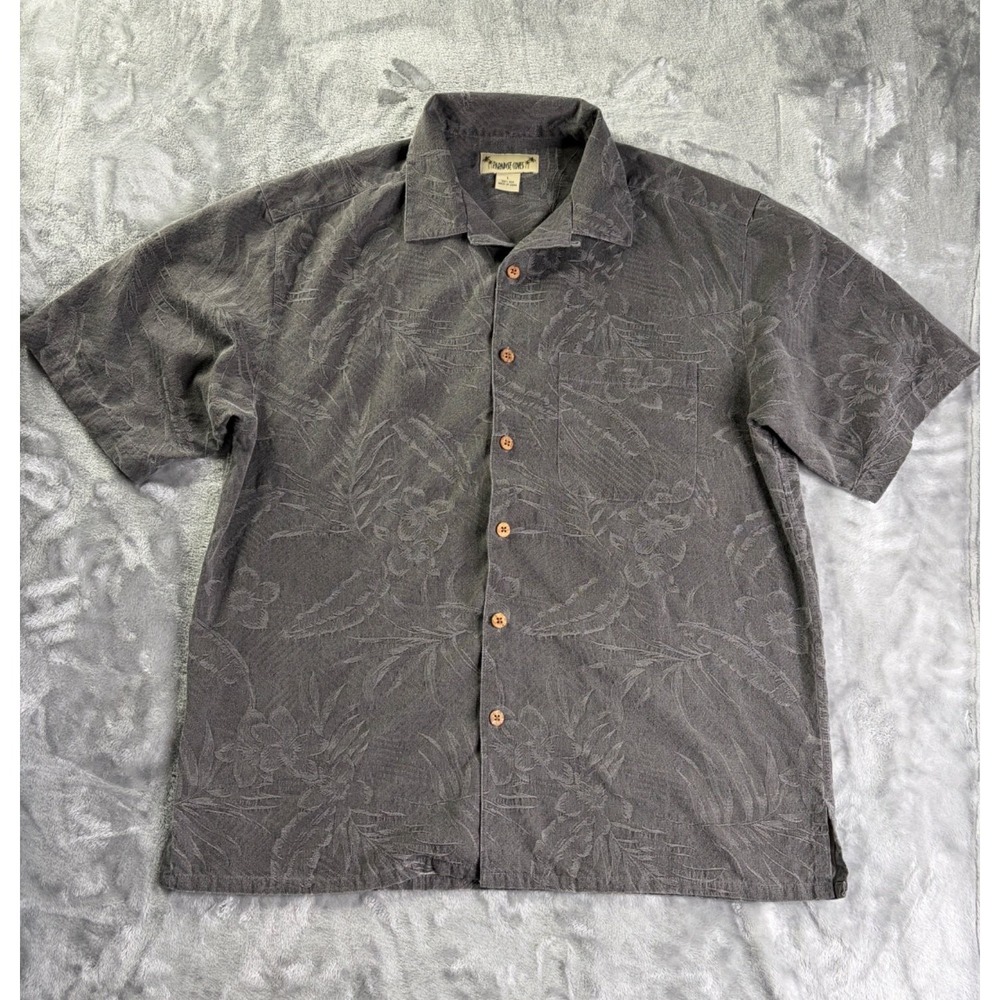 Paradise Coves Mens L Gray Button-Up Jacquard Woven Pattern Floral Silk Casual
